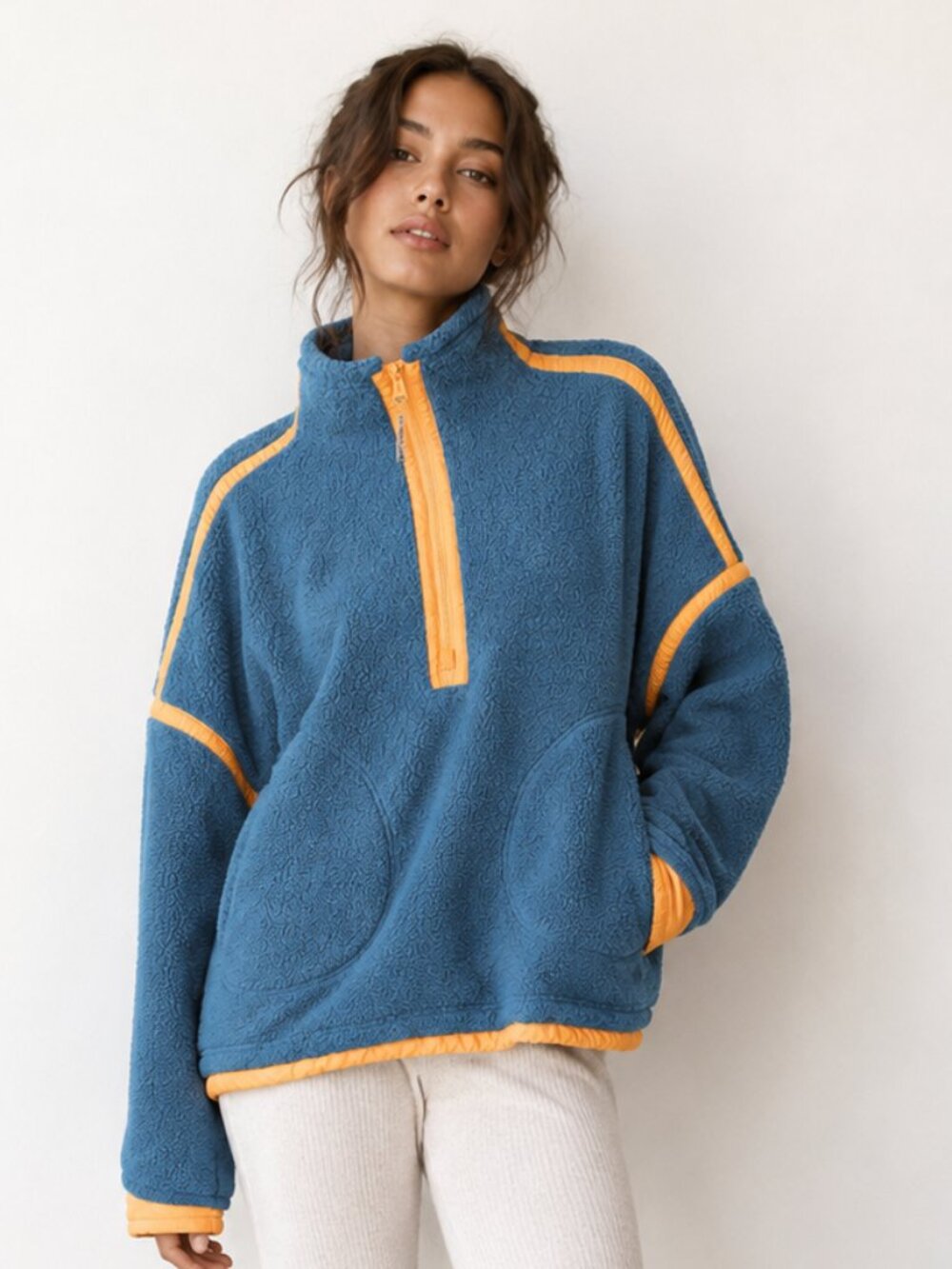 FREE PEOPLE FP Movement Mountain High 1/2 Zip Fleece Celestial Blue Orange XL